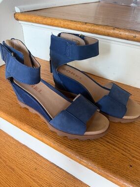 Sorel Navy Blue Nubuck Wedge Sandals with Ankle Strap